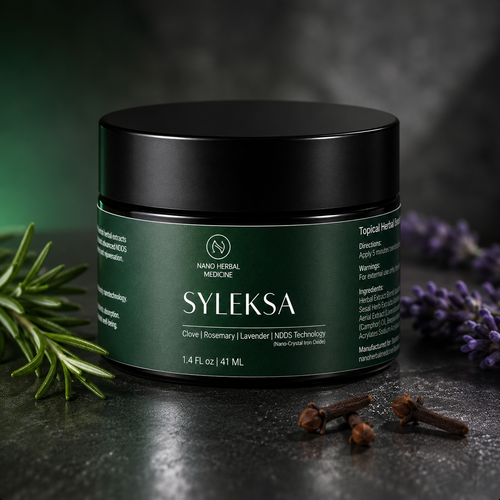 SYLEKSA Nano Herbal Cream Trio Reserve — three-pack of the 1.4 FL oz / 41 ML jar, shown with fresh rosemary, lavender and whole cloves on dark slate